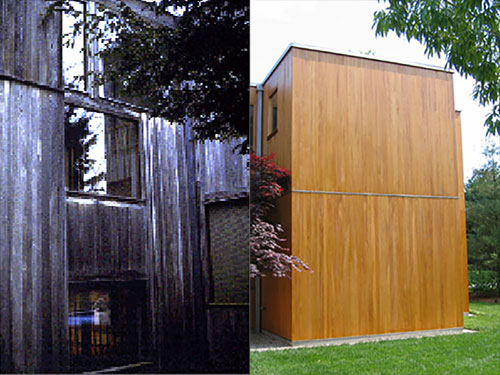 before and after photos of the cypress paneling on the Korman house.  Before photo shows the panels almost black. After photos show natural cypress color