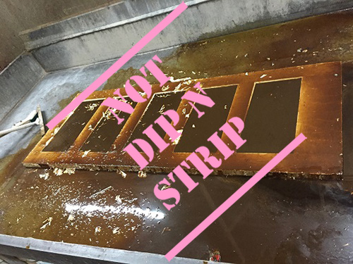 photo of door in dip and strip tank with Not Dip N Strip stamped on the photo