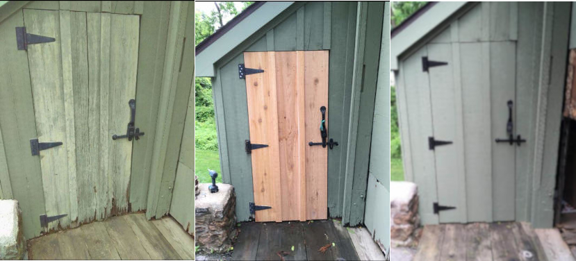 photo of shed before with rotted wood door - after repairs and new door installed  - finished with new paint